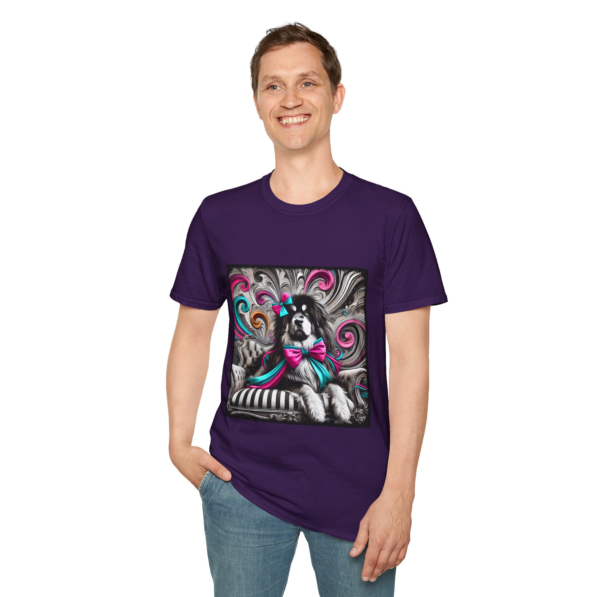 Tibetan Mastiff B&W Pink and Teal Bow | Unisex Dog T-Shirt