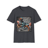 Dark heather gray dog t-shirt with a boxer in teal dress and bow on modern chair with striped wall and pink pillows.