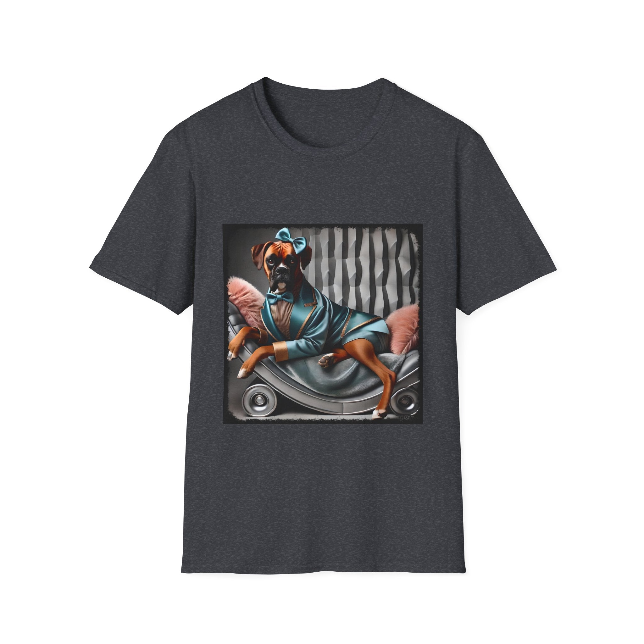 Dark heather gray dog t-shirt with a boxer in teal dress and bow on modern chair with striped wall and pink pillows.
