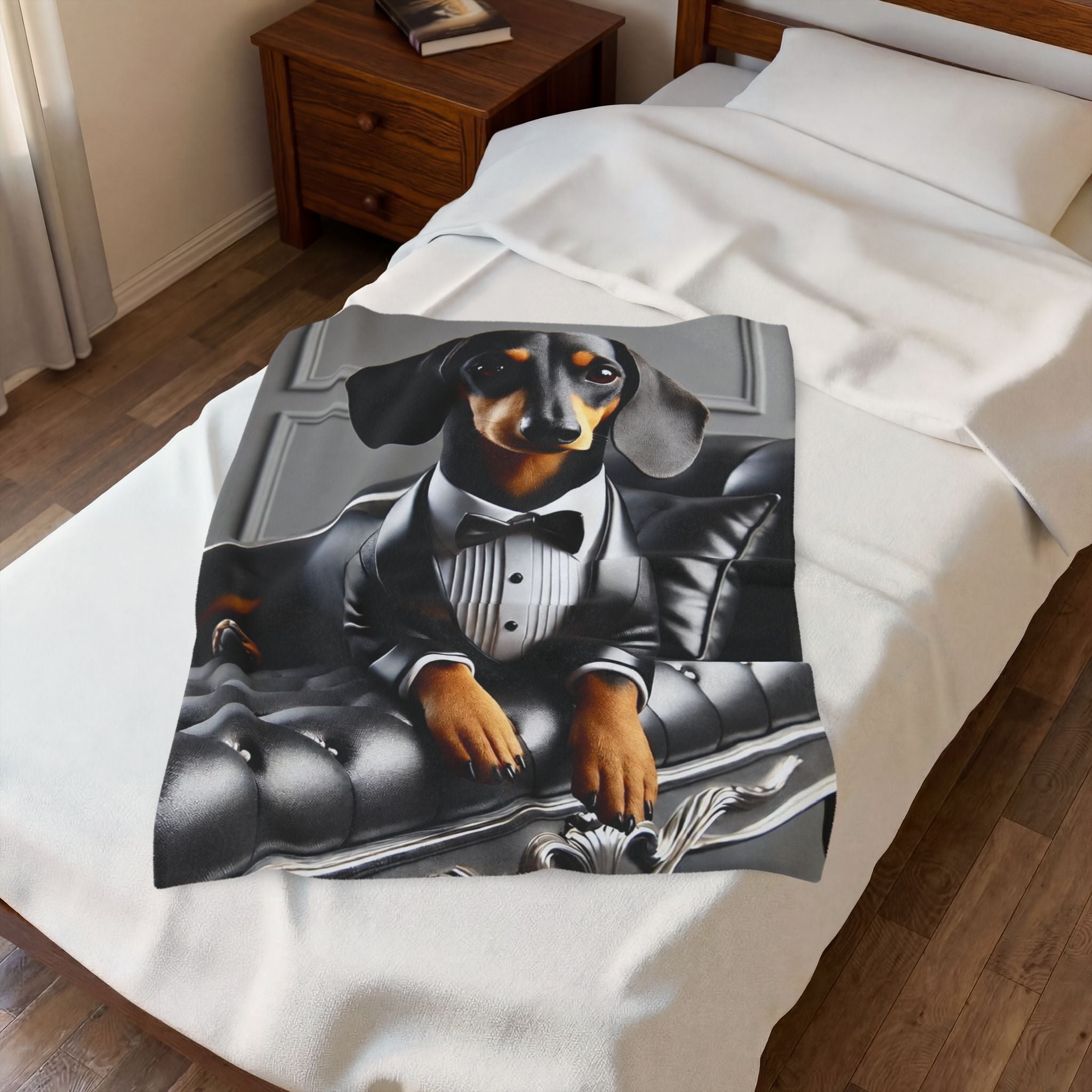 A white bedspread with a printed blanket featuring a dachshund dressed in a black tuxedo sitting on a black leather couch, shown in a bedroom setting.