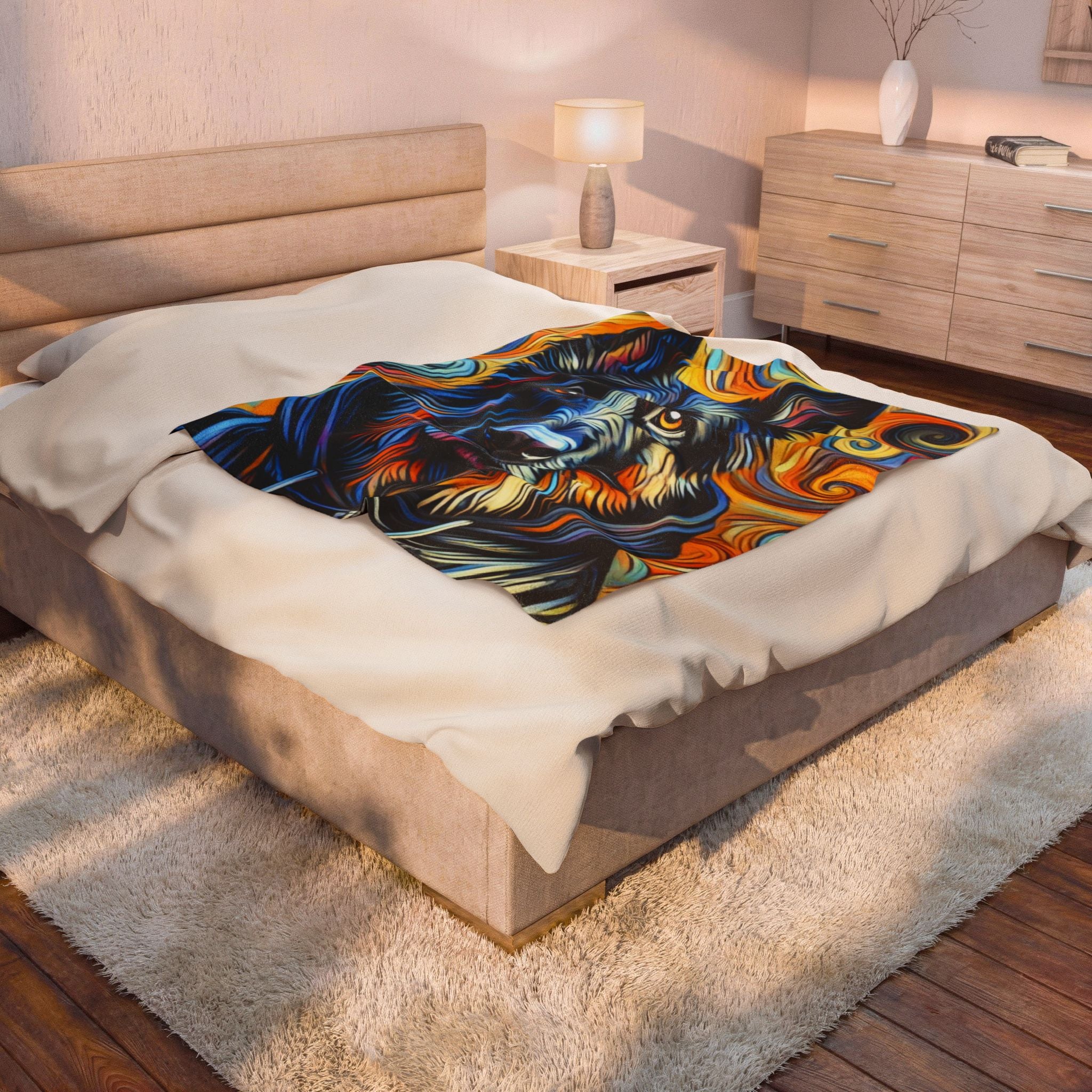 A bed in a styled bedroom setting with  a German Shepherd velveteen plush blanket featuring the "Hoodie Swirl II" design with modern hoodie-inspired swirl artwork for German Shepherd lovers.
bedding