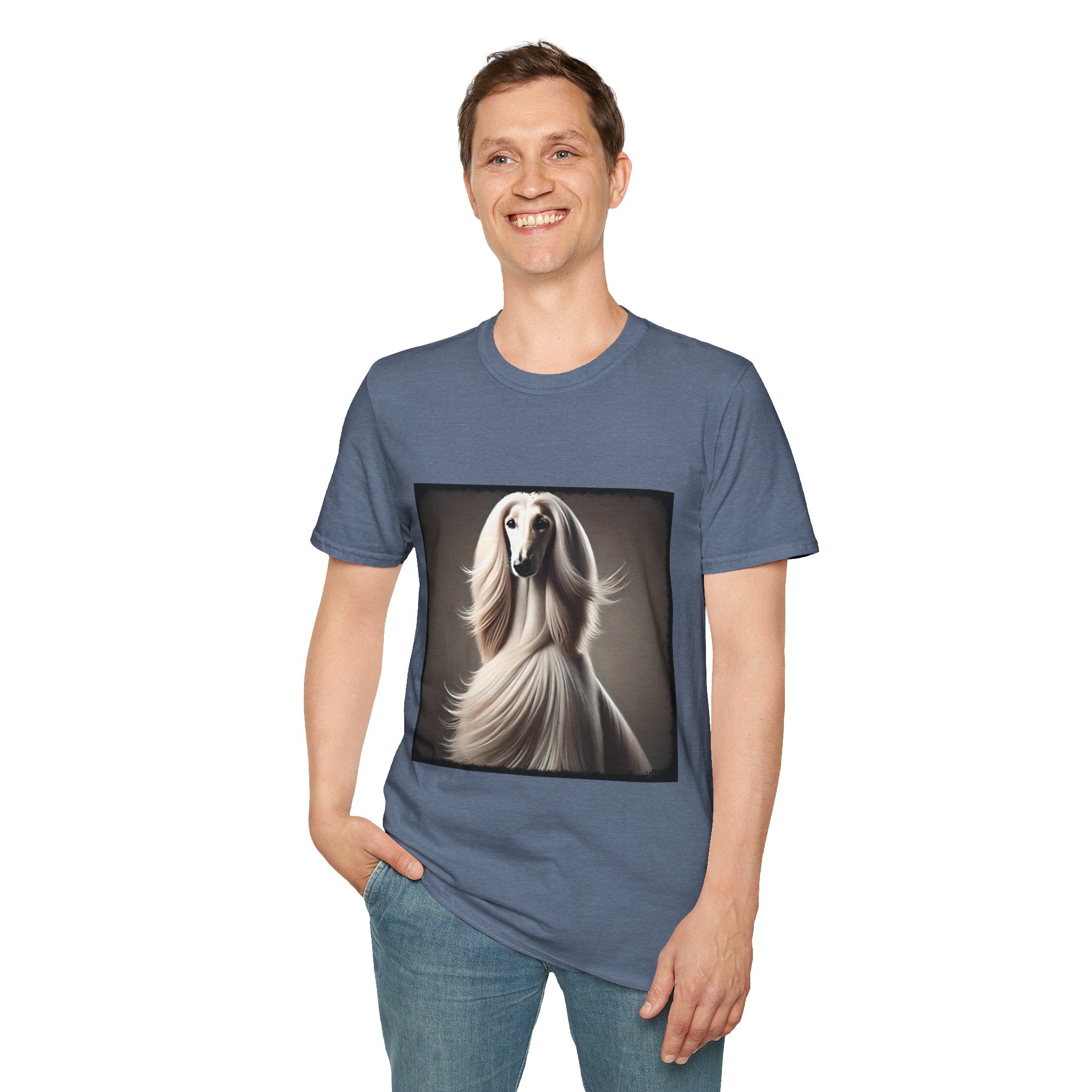 Front view of man wearing stone blue dog t-shirt featuring a White Afghan Hound with flowing hair, set against a soft background