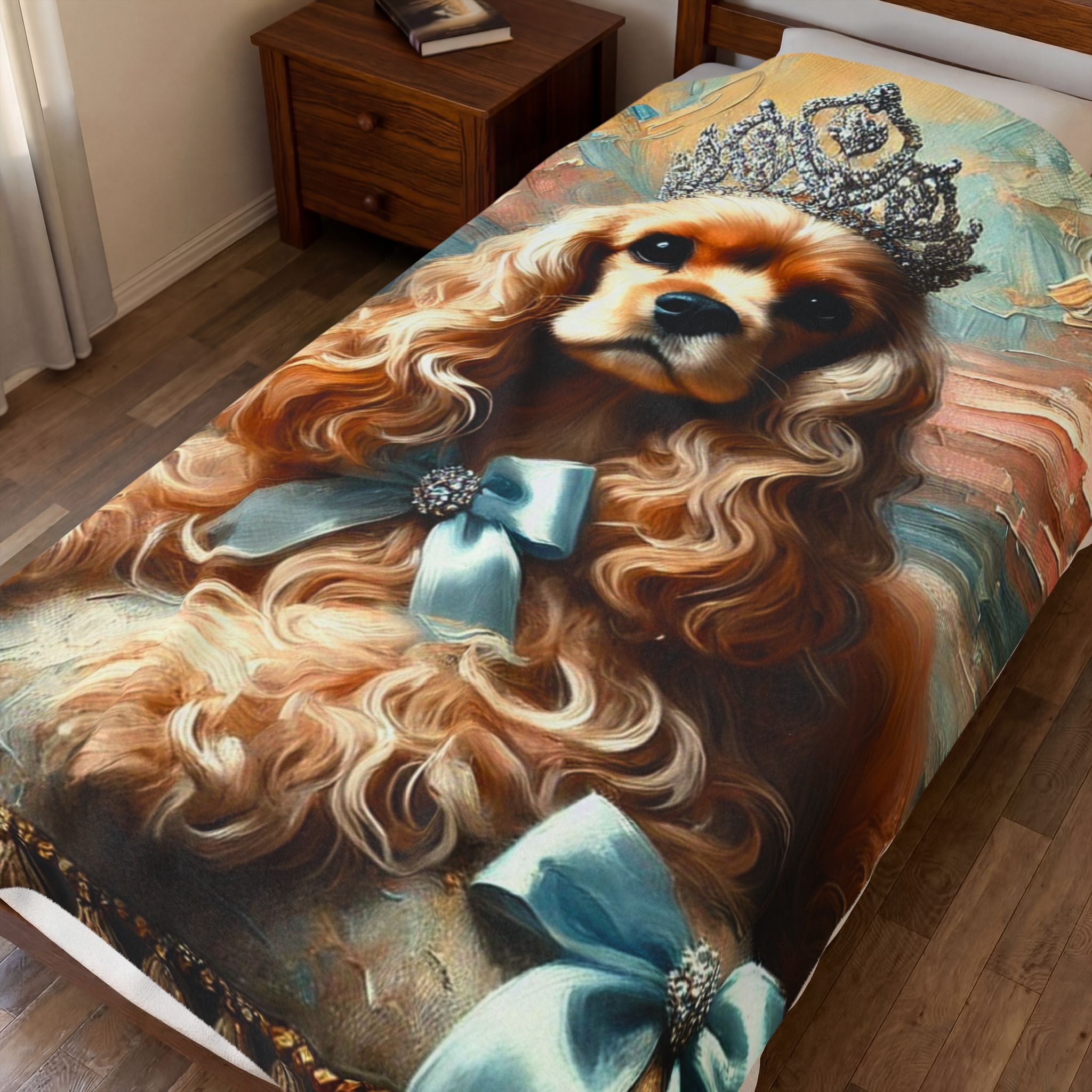 A close-up of a printed bedding item, featuring a stylized portrait of a long-haired  cocker spaniel dog wearing a silver crown and light blue bows, shown on a bed in a bedroom setting.