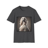 White Afghan Hound with flowing hair, featured on a stylish dark grey dog t-shirt against a soft background.
