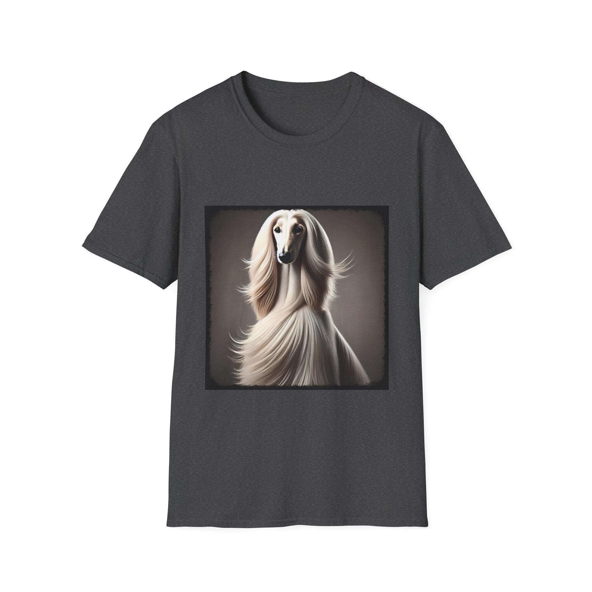 White Afghan Hound with flowing hair, featured on a stylish dark grey dog t-shirt against a soft background.