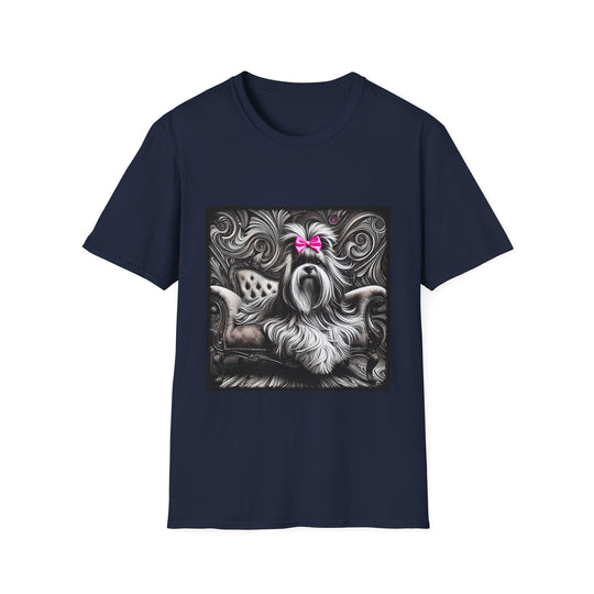 Lhasa Apso B&W Pink Bow design dog lover unisex t-shirt in navy