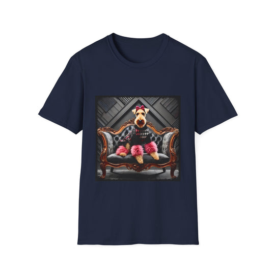Airedale Terrier Pink Rocker design dog lover unisex t-shirt in navy