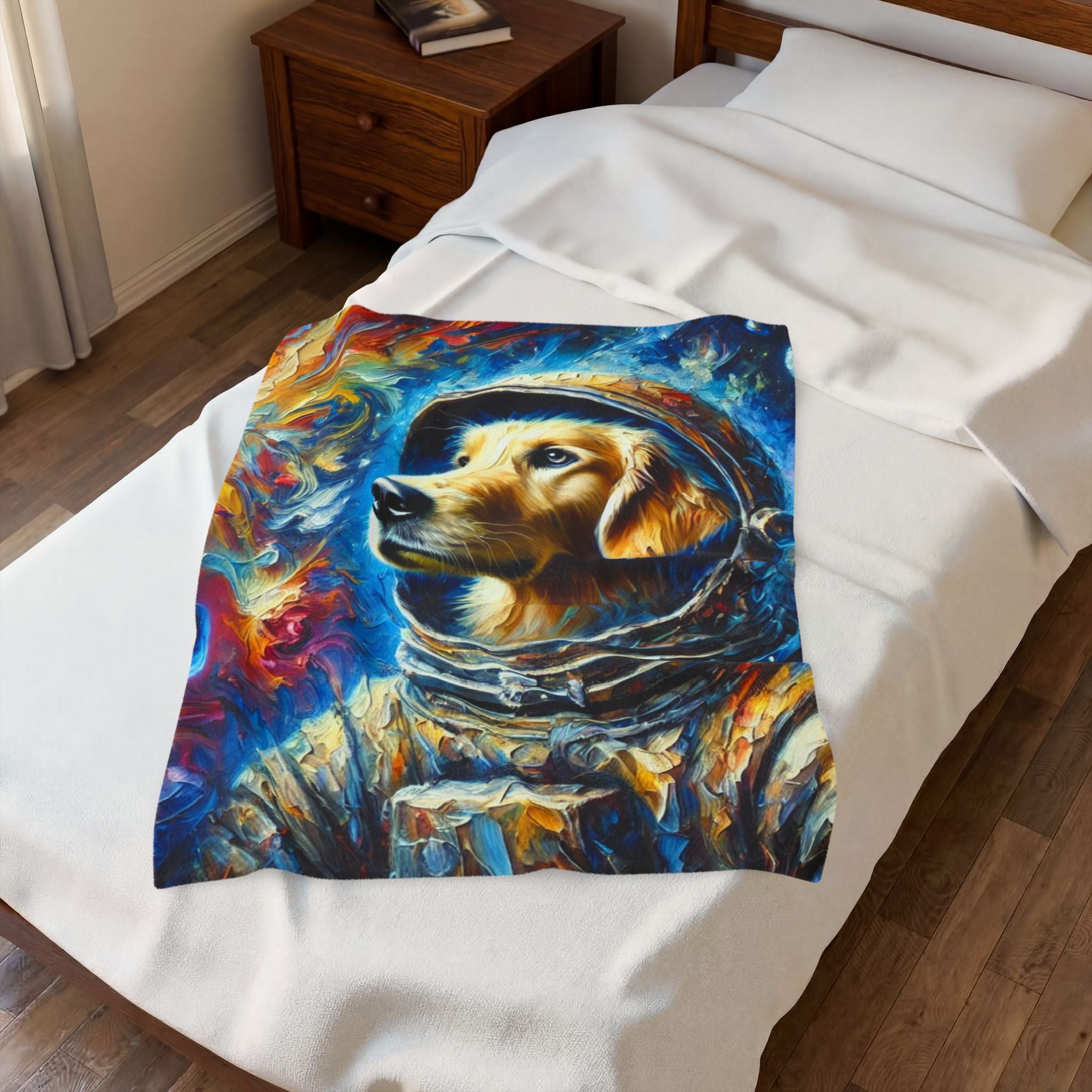 A white bedspread or blanket featuring a colorful, textured painting of a golden retriever dog in an astronaut space suit, styled on a bed in a bedroom setting.
