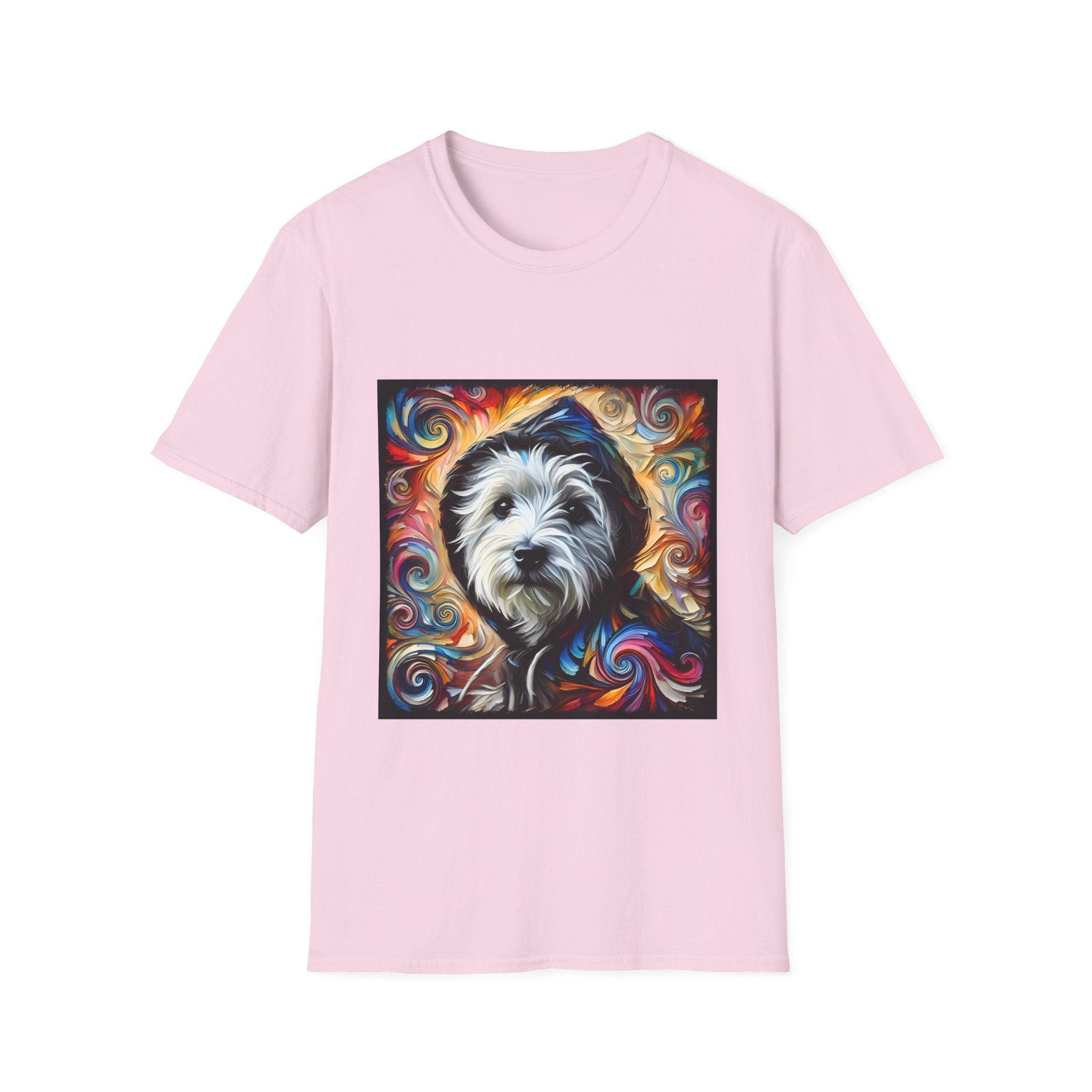 Light pink dog t-shirt featuring Westie in black hoodie with swirling red blue orange and gold background.