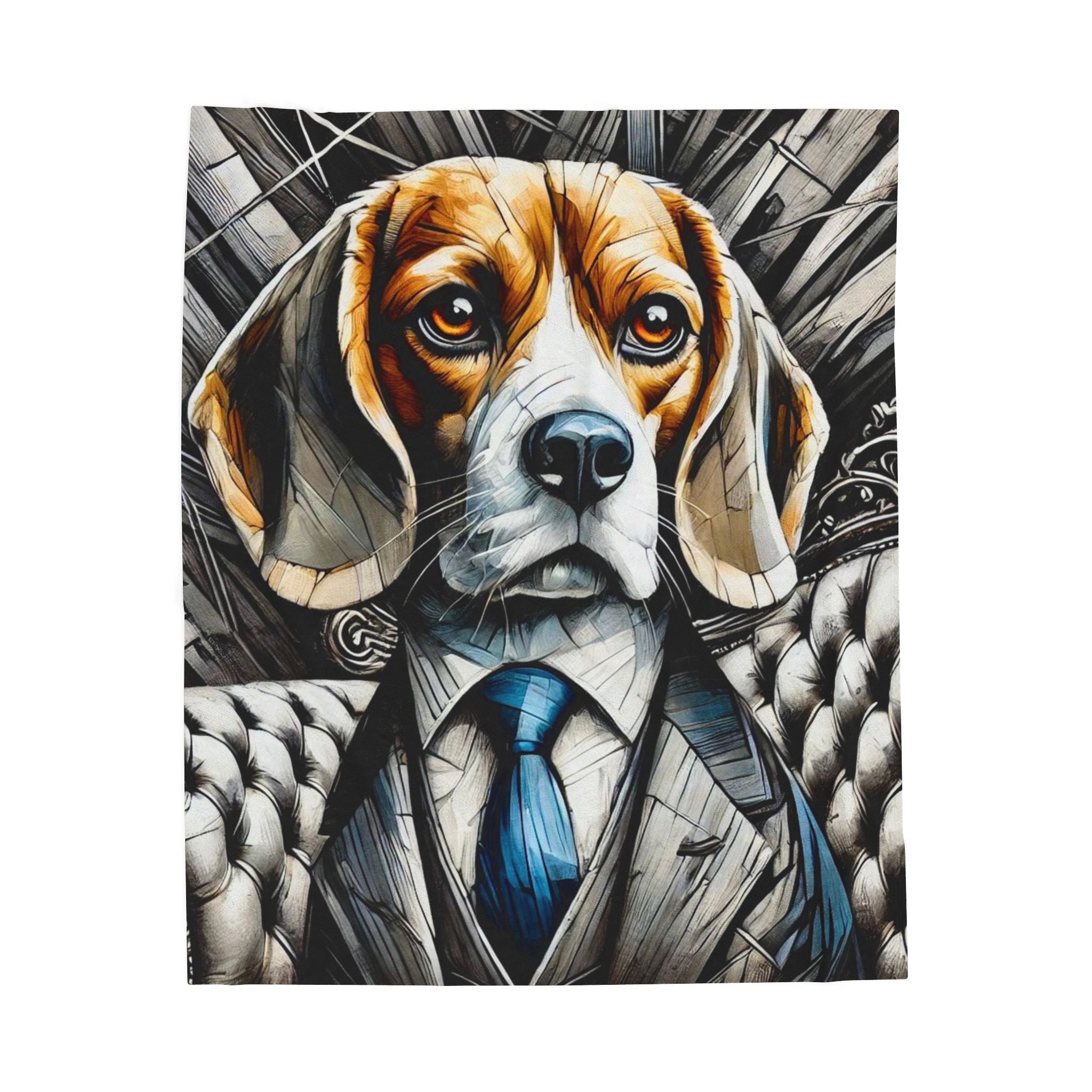 A square art print featuring a stylized portrait of a beagle dog dressed in a gray suit and blue tie, set against a dark mechanical background. The print is centered on a clean white background.