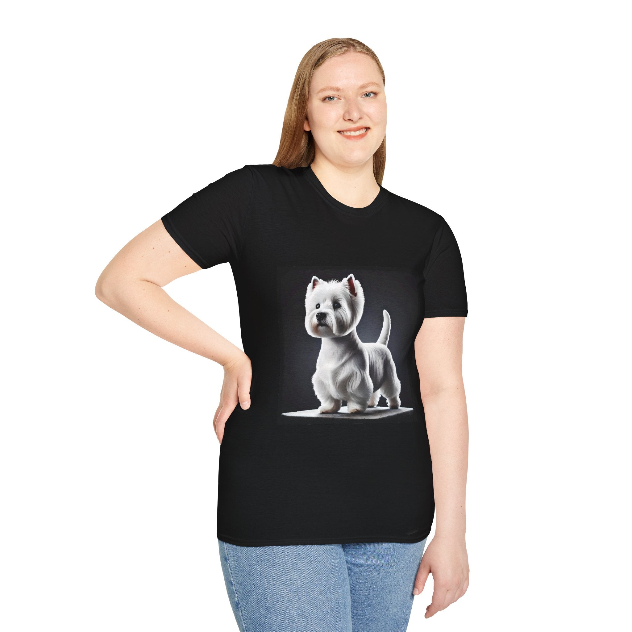 Female model in black dog t-shirt featuring a Westie standing proud on a platform against a dramatic dark backdrop.