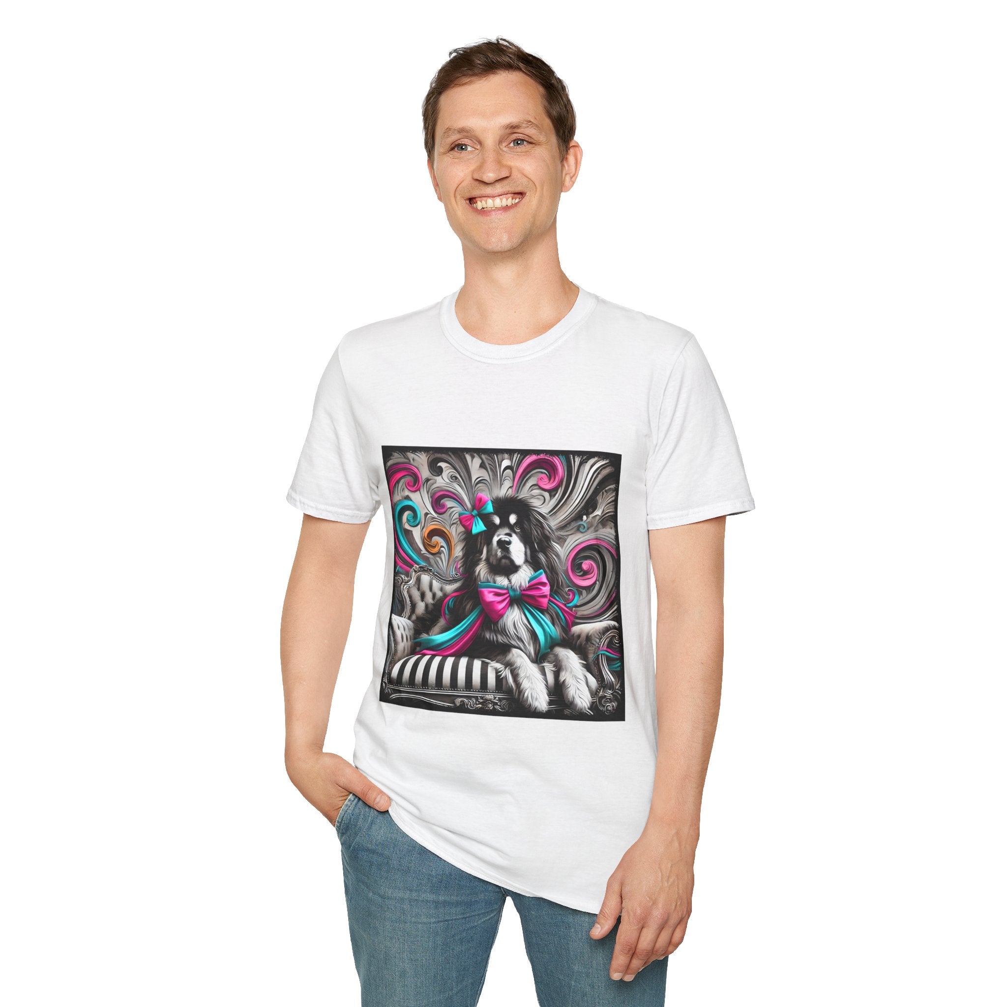 Tibetan Mastiff B&W Pink and Teal Bow | Unisex Dog T-Shirt