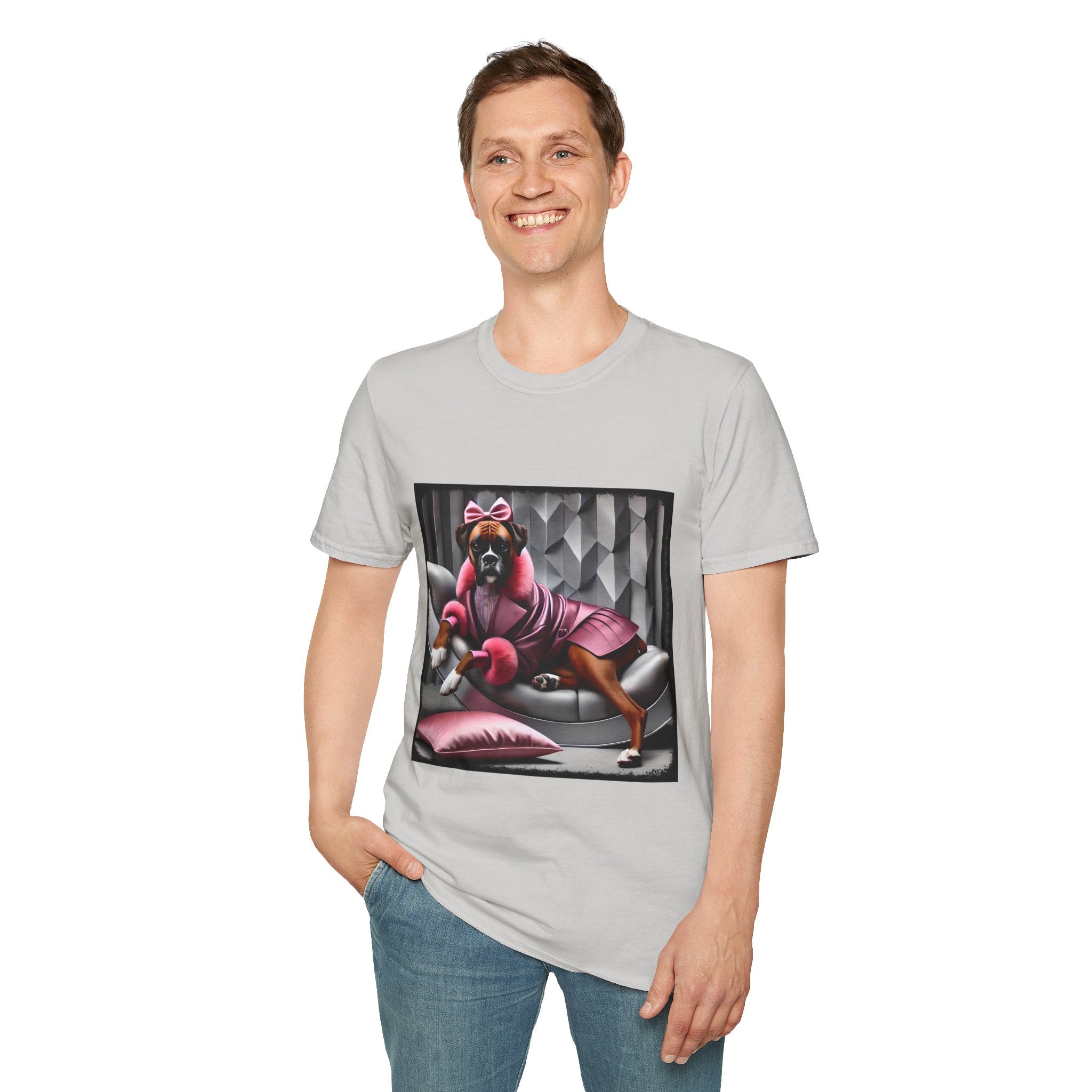 Male model in ice gray dog t-shirt featuring boxer in pink bow and pleated pink coat lounging on silver settee.