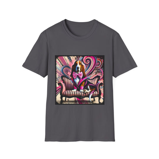 Basset Hound Pink Swirl Bold design dog lover unisex t-shirt in charcoal
