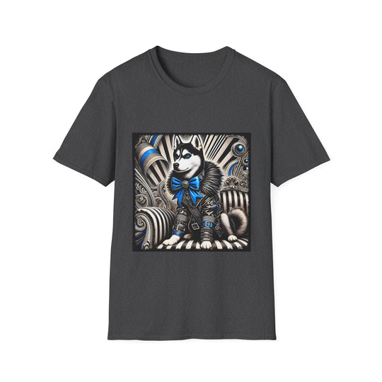 Siberian Husky B&W Blue Bow design dog lover unisex t-shirt in dark heather