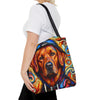 A woman wearing a white t-shirt and black pants carries a colorful tote bag featuring a stylized portrait of a red fox Labrador Retriever dog in a hoodie, set against a plain white background.