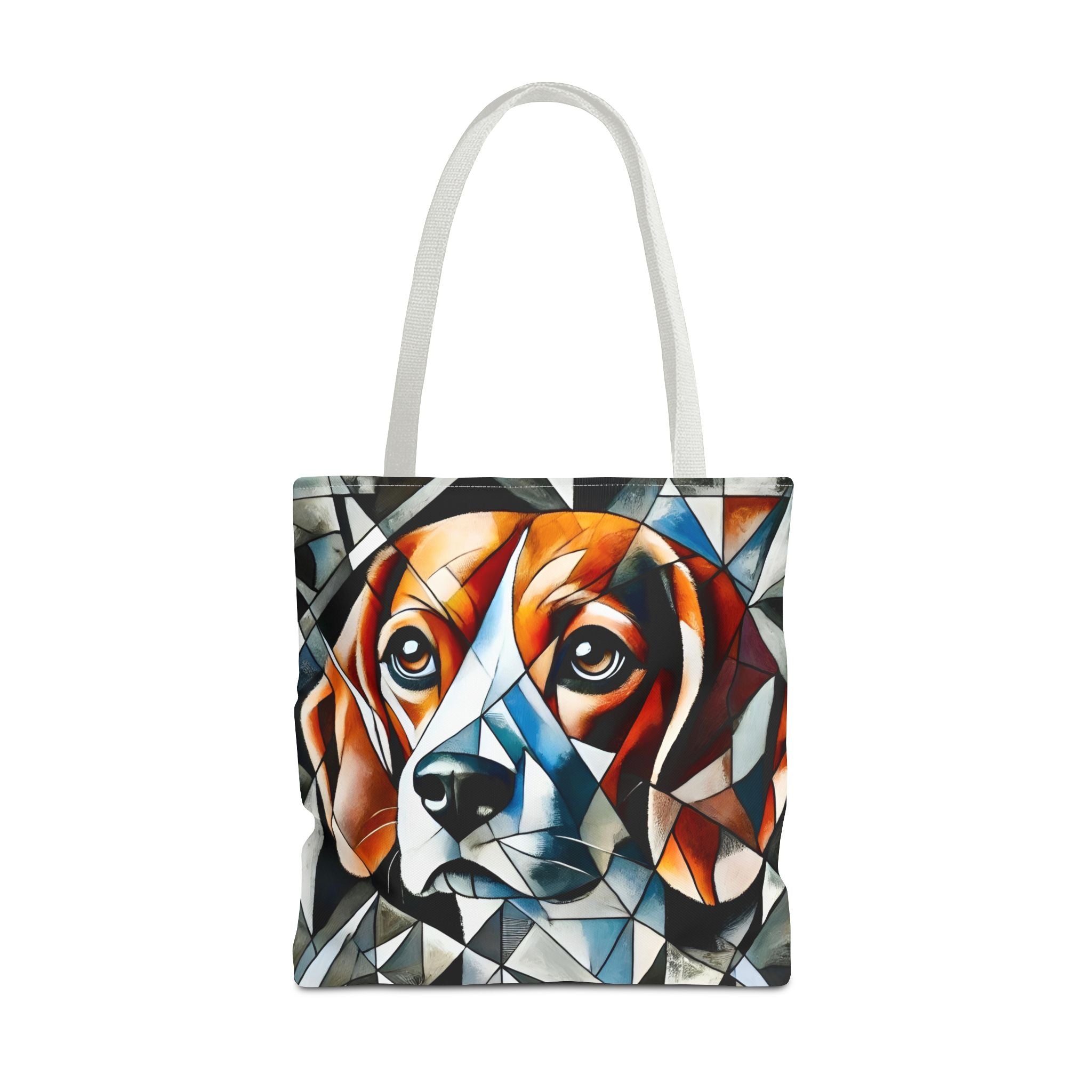 A white canvas tote bag featuring a colorful geometric art print of a beagle dog's face, shown against a plain white background.