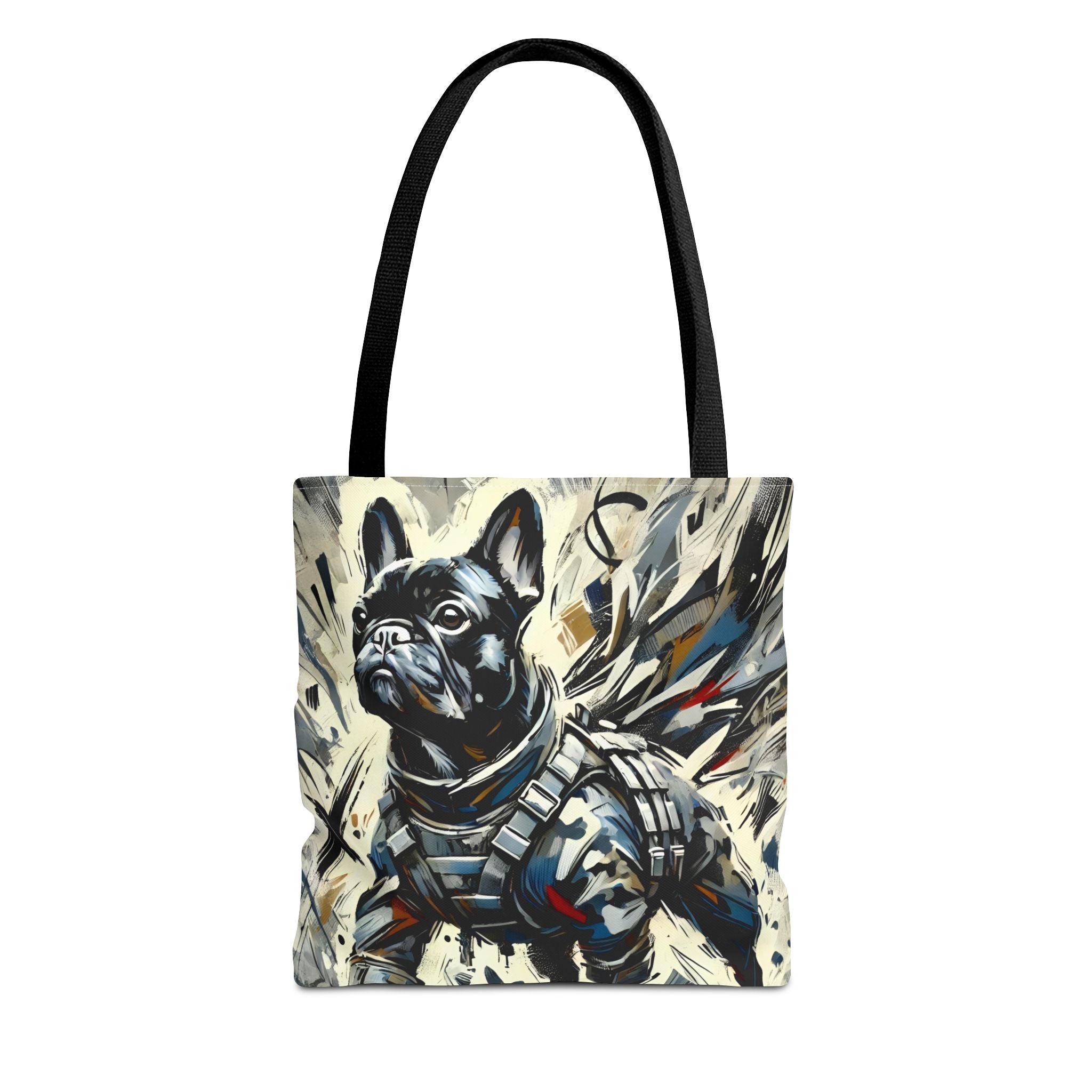 A tote bag with black shoulder straps, featuring a printed graphic of a French Bulldog wearing an armor suit against a cream and gray abstract background.
