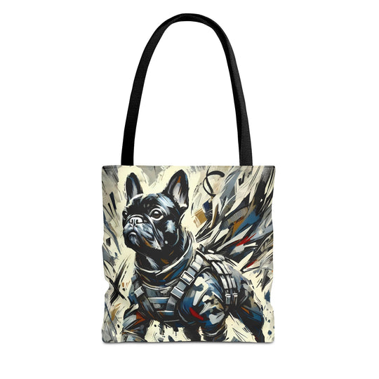 A tote bag with black shoulder straps, featuring a printed graphic of a French Bulldog wearing an armor suit against a cream and gray abstract background.