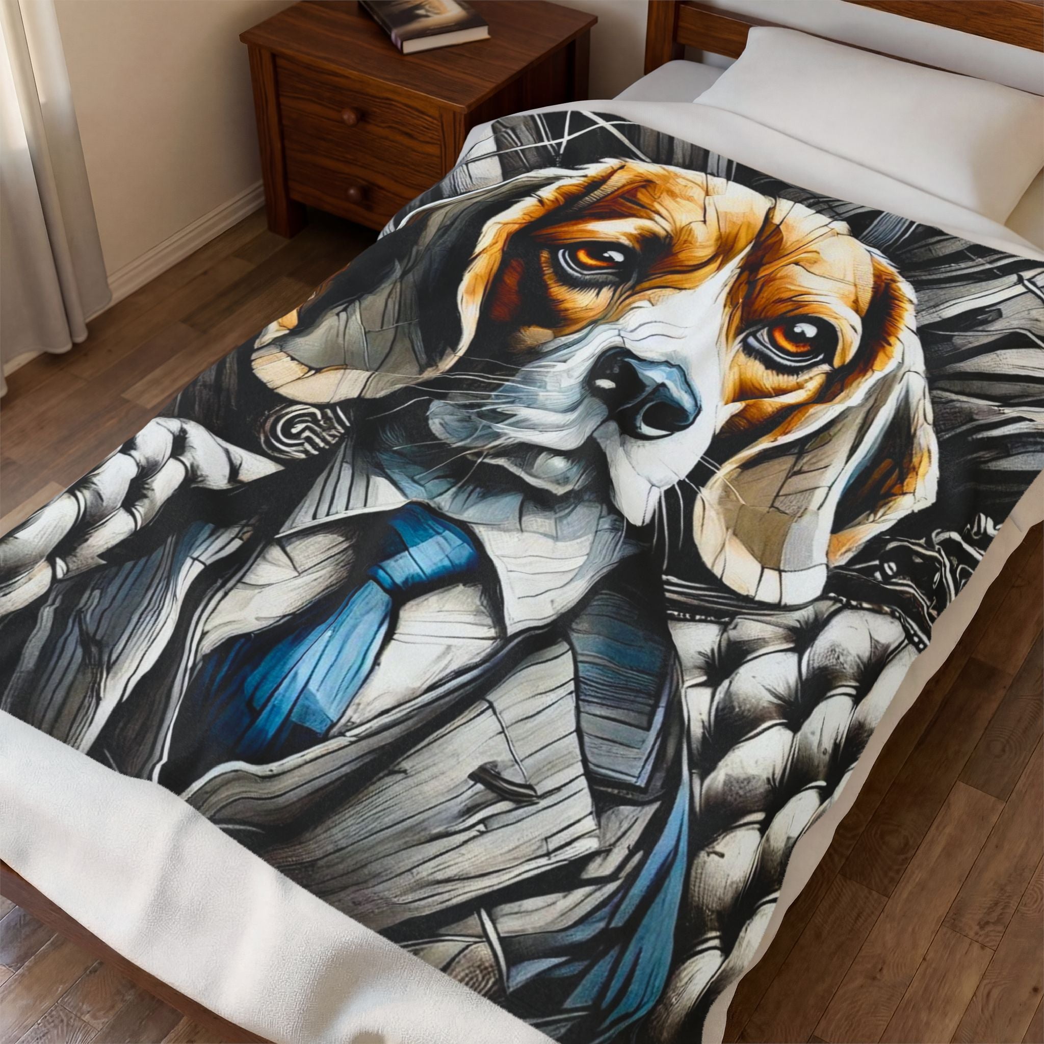 A printed blanket or comforter spread across a bed, featuring a stylized illustration of a beagle dressed in a gray suit and blue tie, shown in a bedroom setting with a wooden nightstand and wood floor.