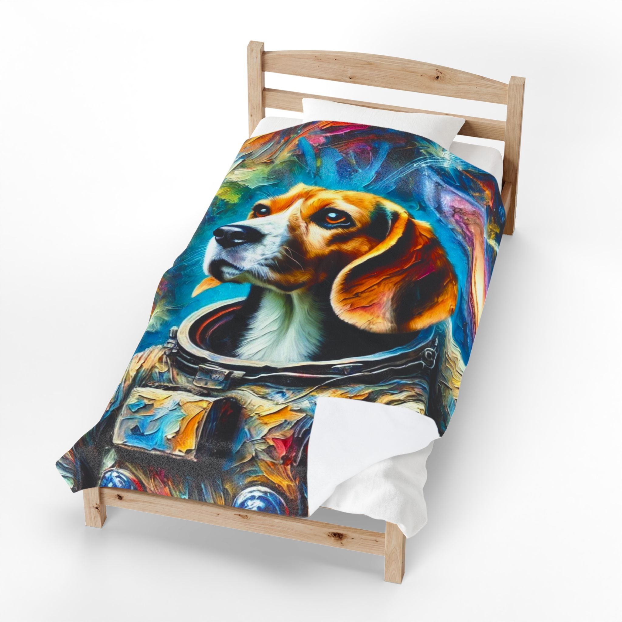 A single wooden bed frame with a colorful printed duvet cover featuring a beagle dog in an astronaut helmet, shown on a clean white background.