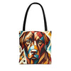 A tote bag with black shoulder straps, featuring a colorful geometric art print of a chocolate Labrador retriever face on the front, set against a plain white background.