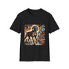 Black dog t-shirt featuring a Coonhound with bold brush strokes in orange, blue, black, and cream.