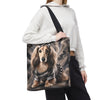 A person wearing a white cropped hoodie and black sweatpants carries a large tote bag featuring a printed dachshund dog in a camouflage outfit against a smoky gray background.