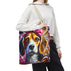 A person wearing a white cropped hoodie and black sweatpants carries a canvas tote bag with a colorful painted beagle dog design on the front. The bag has a beige shoulder strap and is shown against a plain white background.