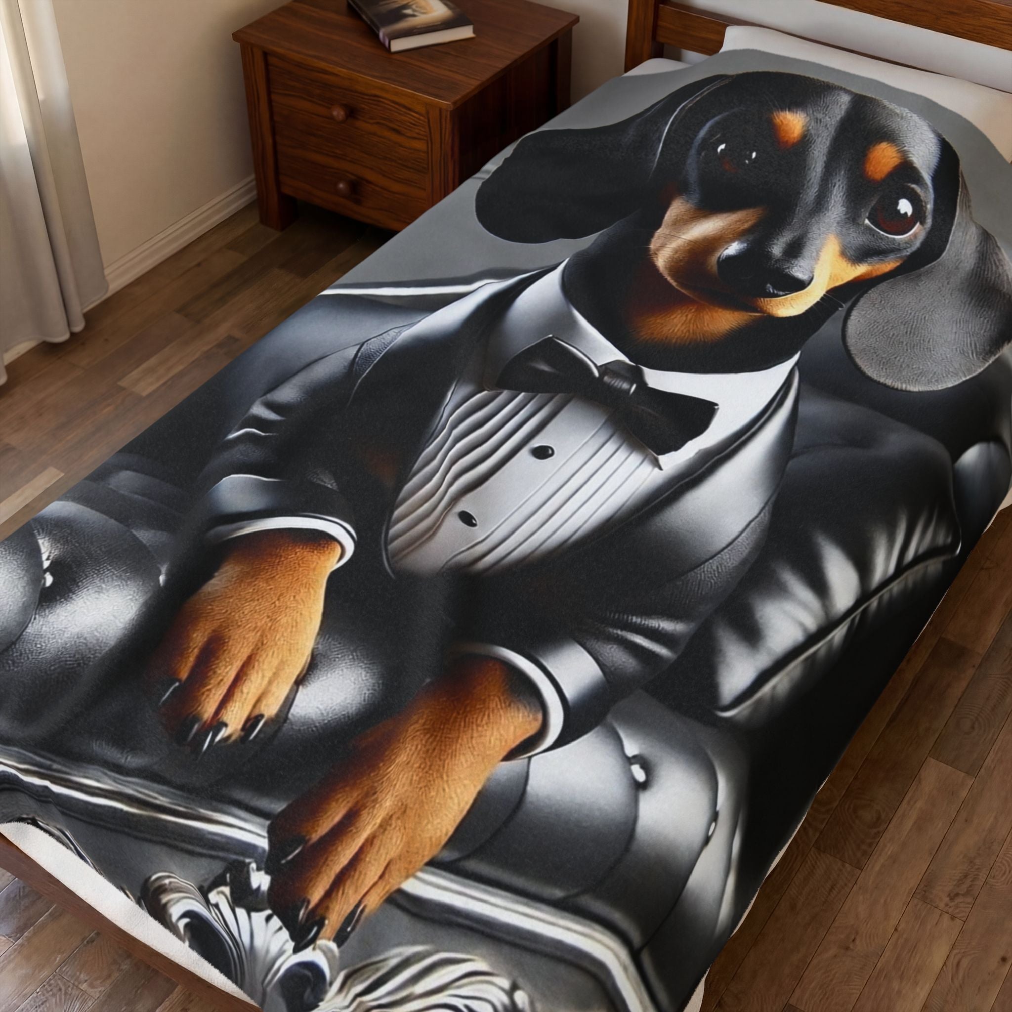 A bedding set featuring a realistic printed graphic of a dachshund dressed in a black tuxedo and bow tie, sitting on a black leather chair. The bedding is shown styled on a bed in a bedroom setting with a wooden nightstand and wood floors.