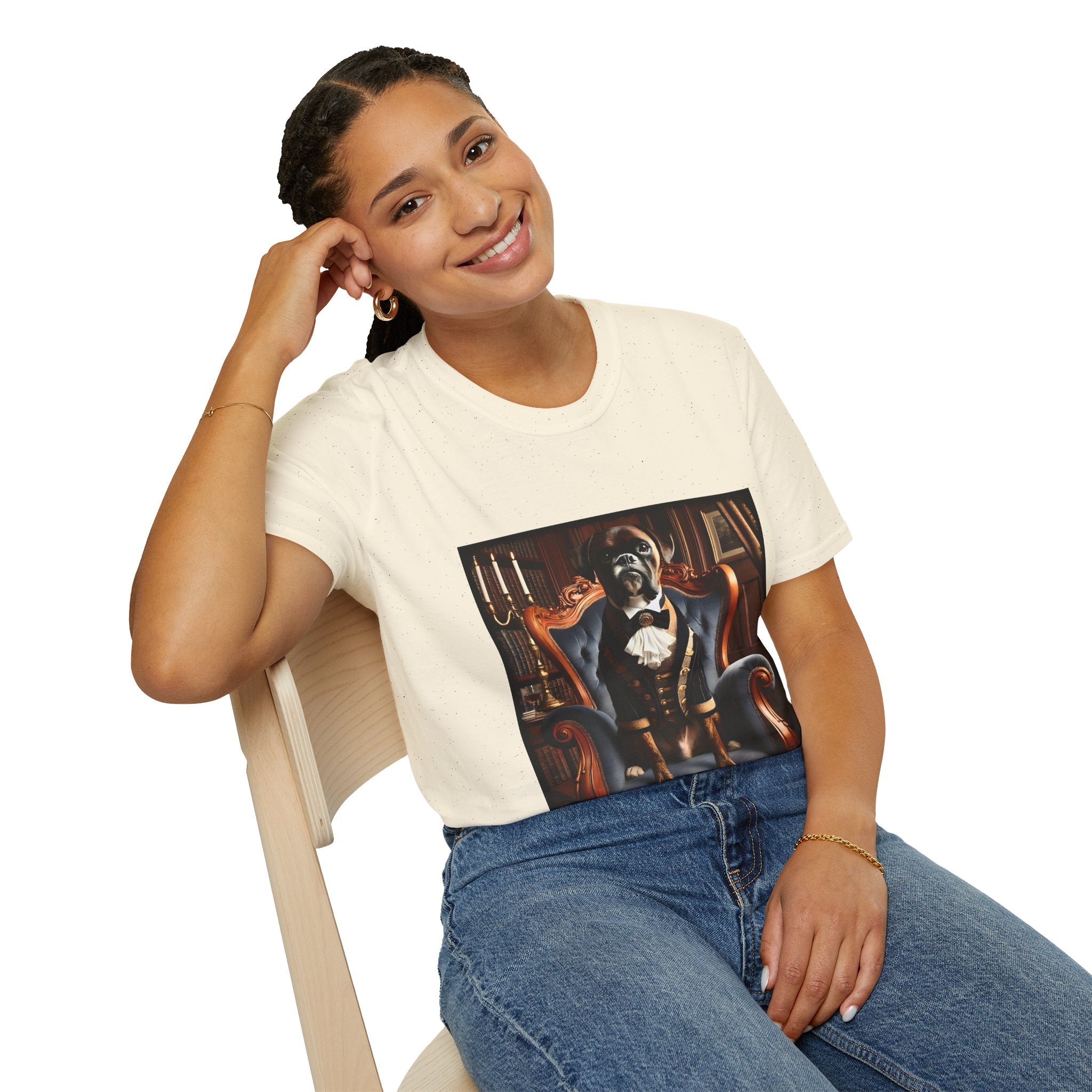 Female model in natural dog t-shirt featuring boxer in brown period suit with cravat seated in ornate blue armchair.