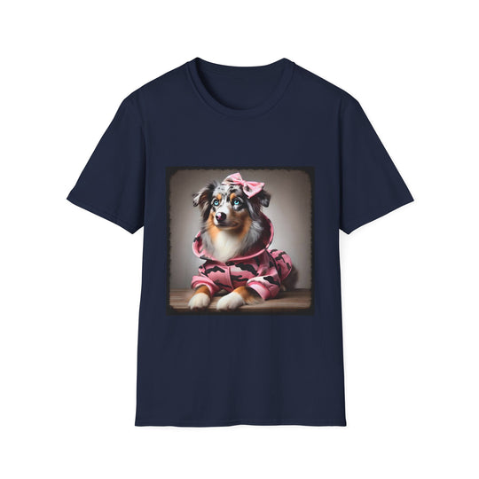 Miniature American Shepherd Pink Camo Cutie design dog lover unisex t-shirt in navy