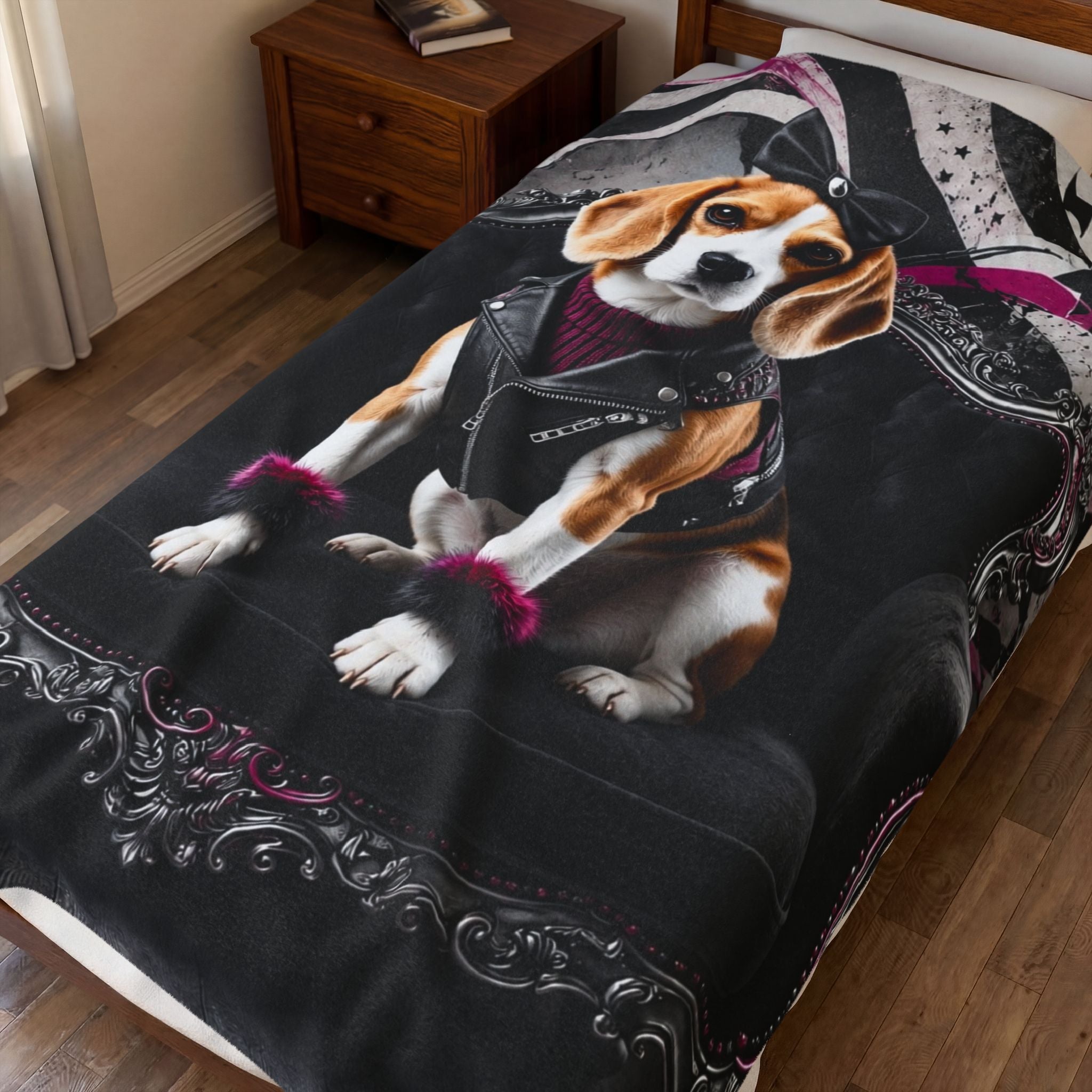 A black bedding set featuring a printed graphic of a beagle wearing a leather vest and pink wristbands, styled on a bed in a bedroom setting.