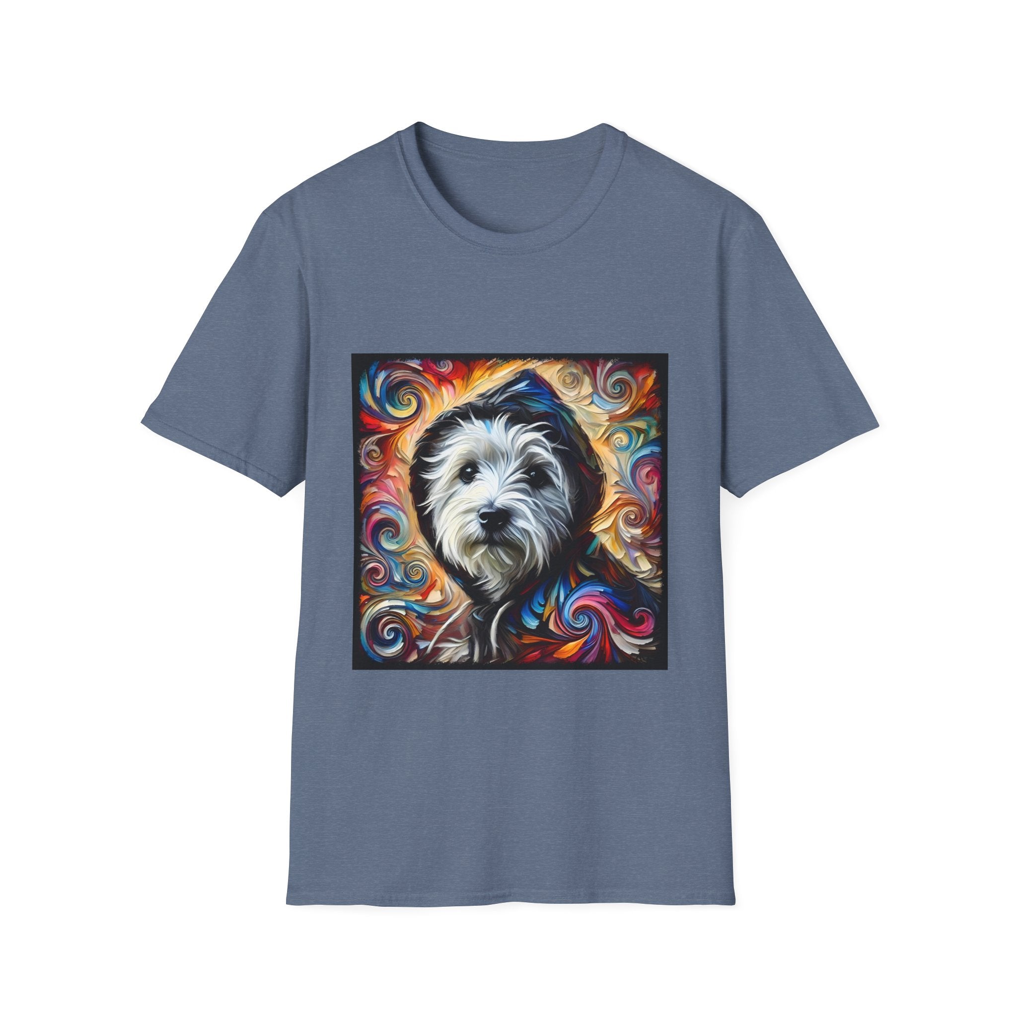 Heather indigo dog t-shirt featuring Westie in black hoodie with swirling red blue orange and gold background.