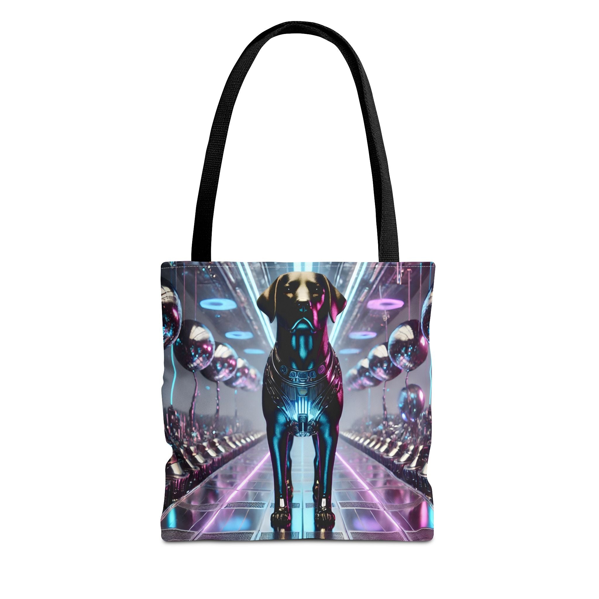 A tote bag with black shoulder straps, featuring a vibrant, futuristic sci-fi graphic print of a black labrador in a neon-lit corridor with floating robotic heads. The bag is shown against a plain white background.