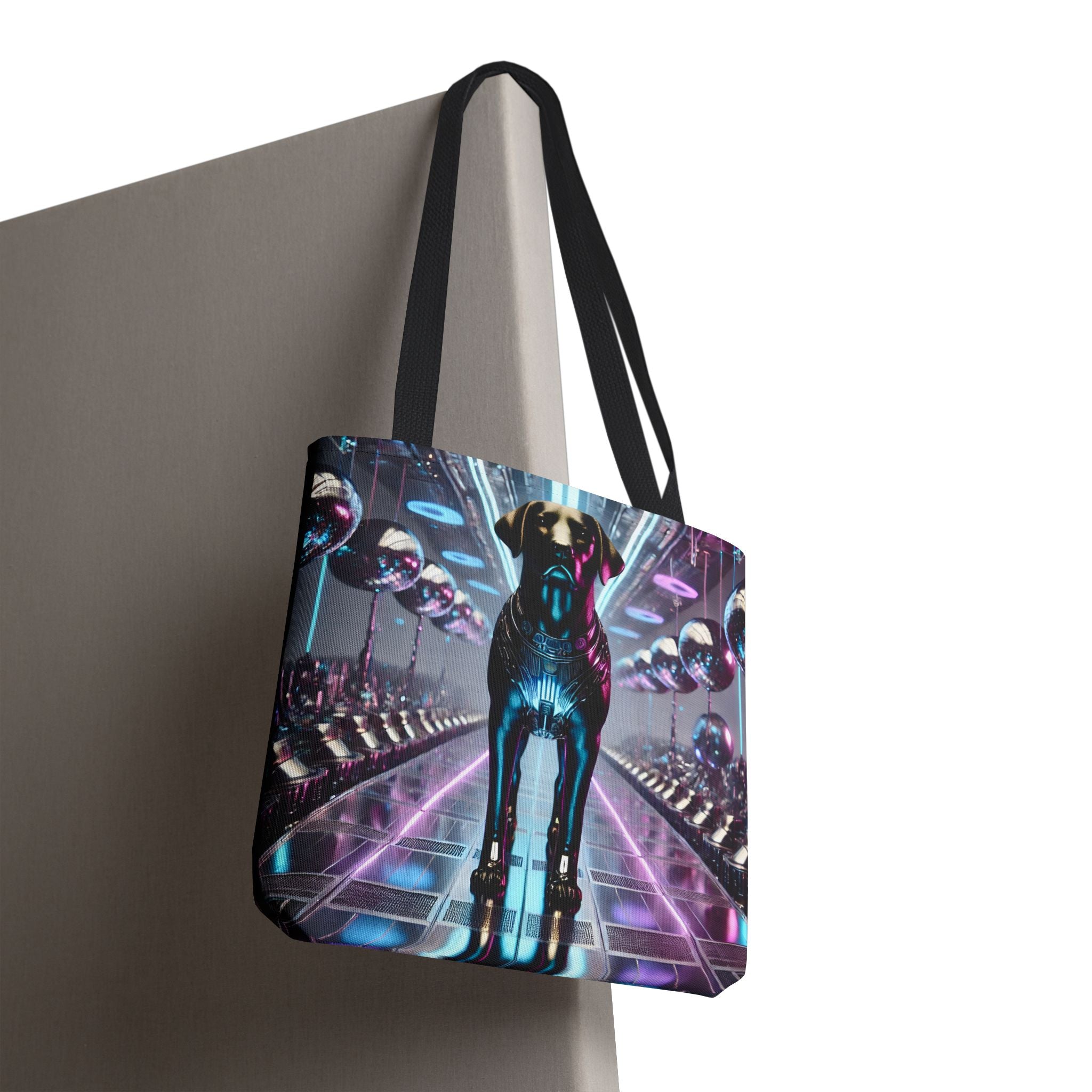 A tote bag with black shoulder straps, featuring a vibrant sci-fi graphic print of a glowing labrador retriever  in a futuristic neon corridor, shown hanging against a neutral gray background.