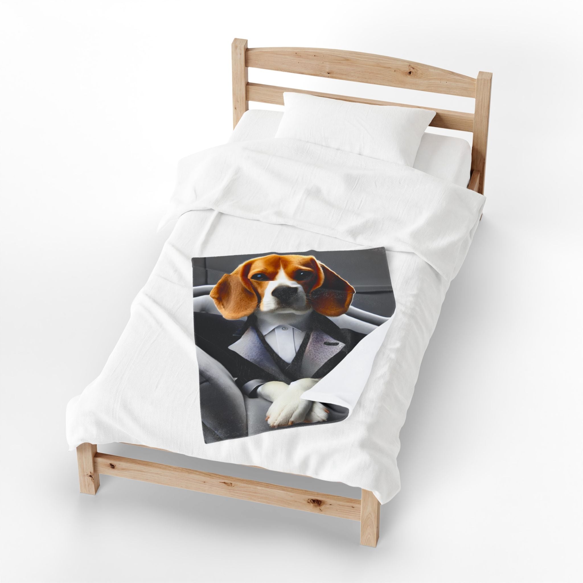 A single wooden bed with white bedding and a printed duvet cover featuring a beagle dog dressed in a suit sitting in a car, shown on a clean white background.