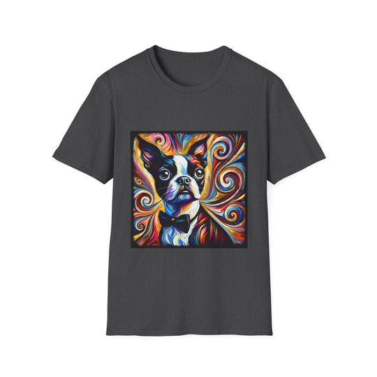 Boston Terrier Bowtie Swirl design dog lover unisex t-shirt in dark heather