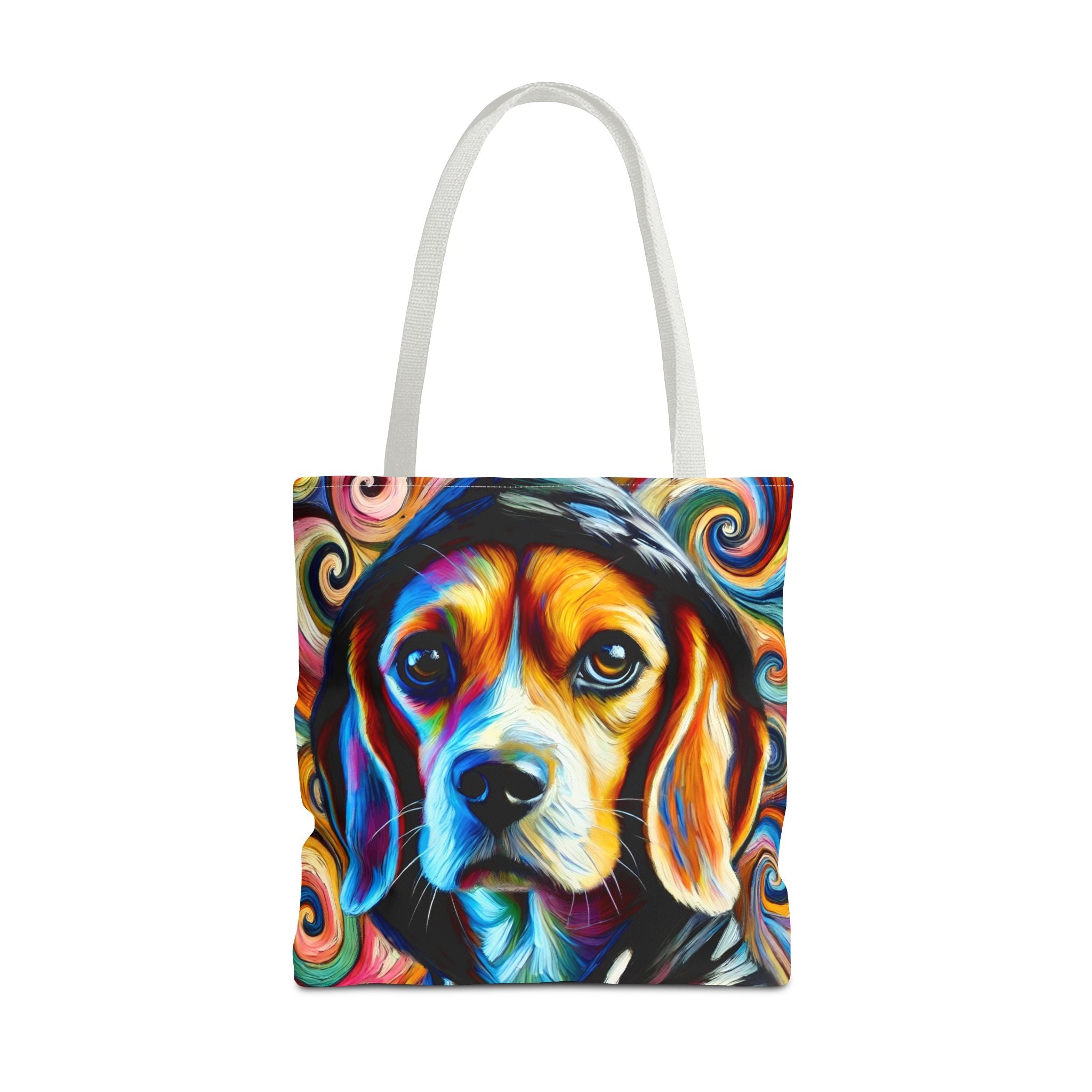 A canvas tote bag with white shoulder straps, featuring a vibrant, colorful pop-art style print of a beagle dog's face surrounded by swirling rainbow patterns, shown against a plain white background.