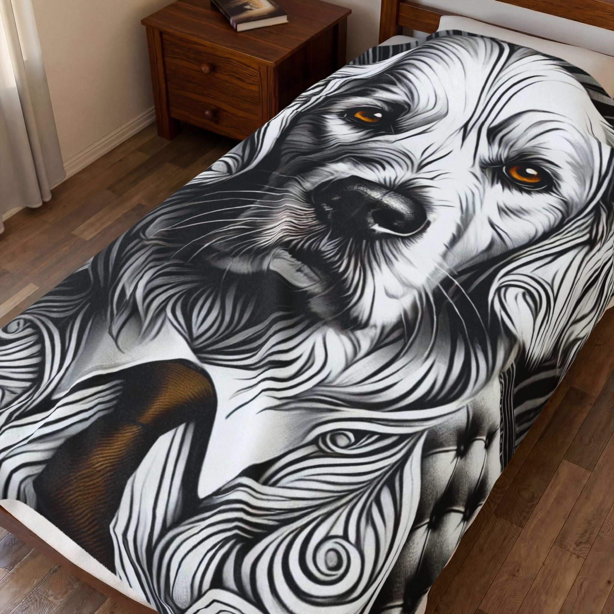 A close-up of a bed in a bedroom showing a printed Golden retriever face and neck design on the bedding. The artwork is predominantly black, white, and gray with small amber-brown eyes and a dark brown neck area.