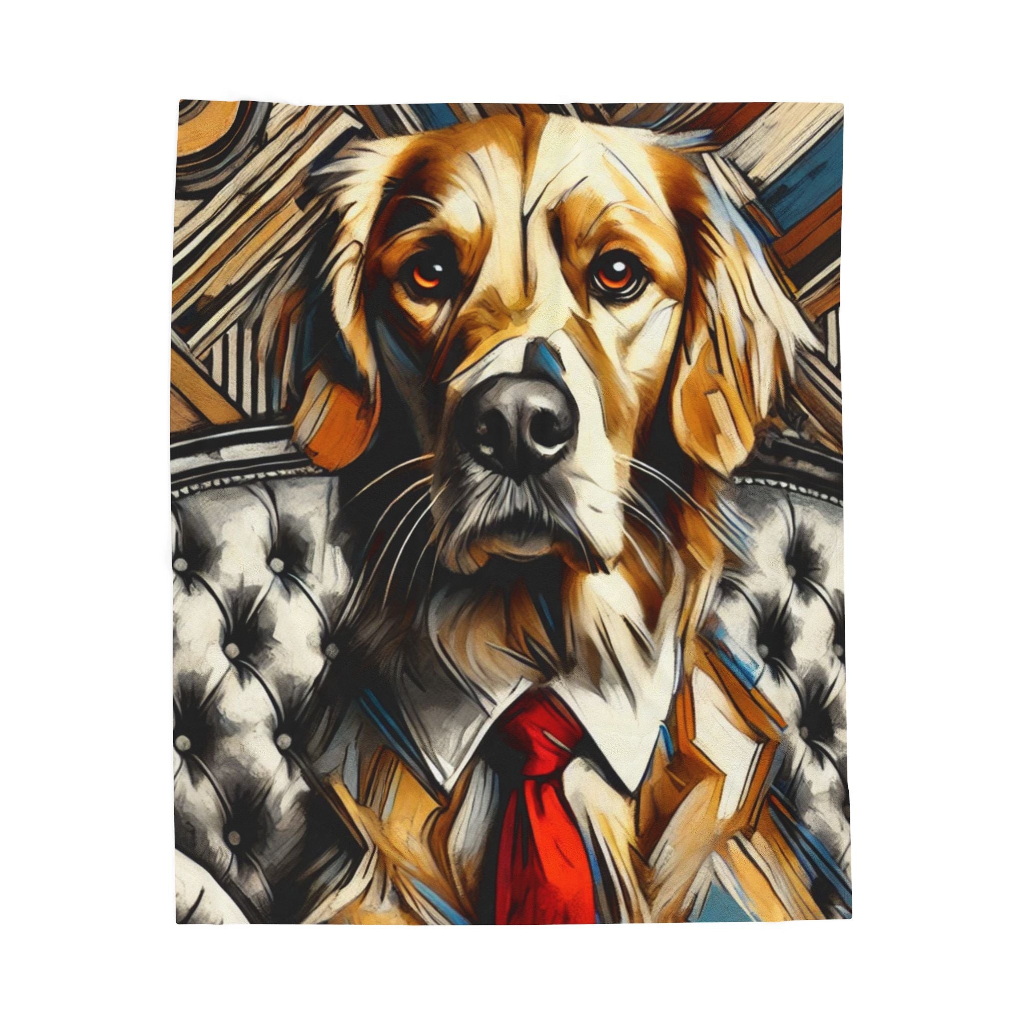A stylized portrait artwork of a golden retriever dog wearing a white shirt and red tie, seated in front of a tufted chair with geometric background details.