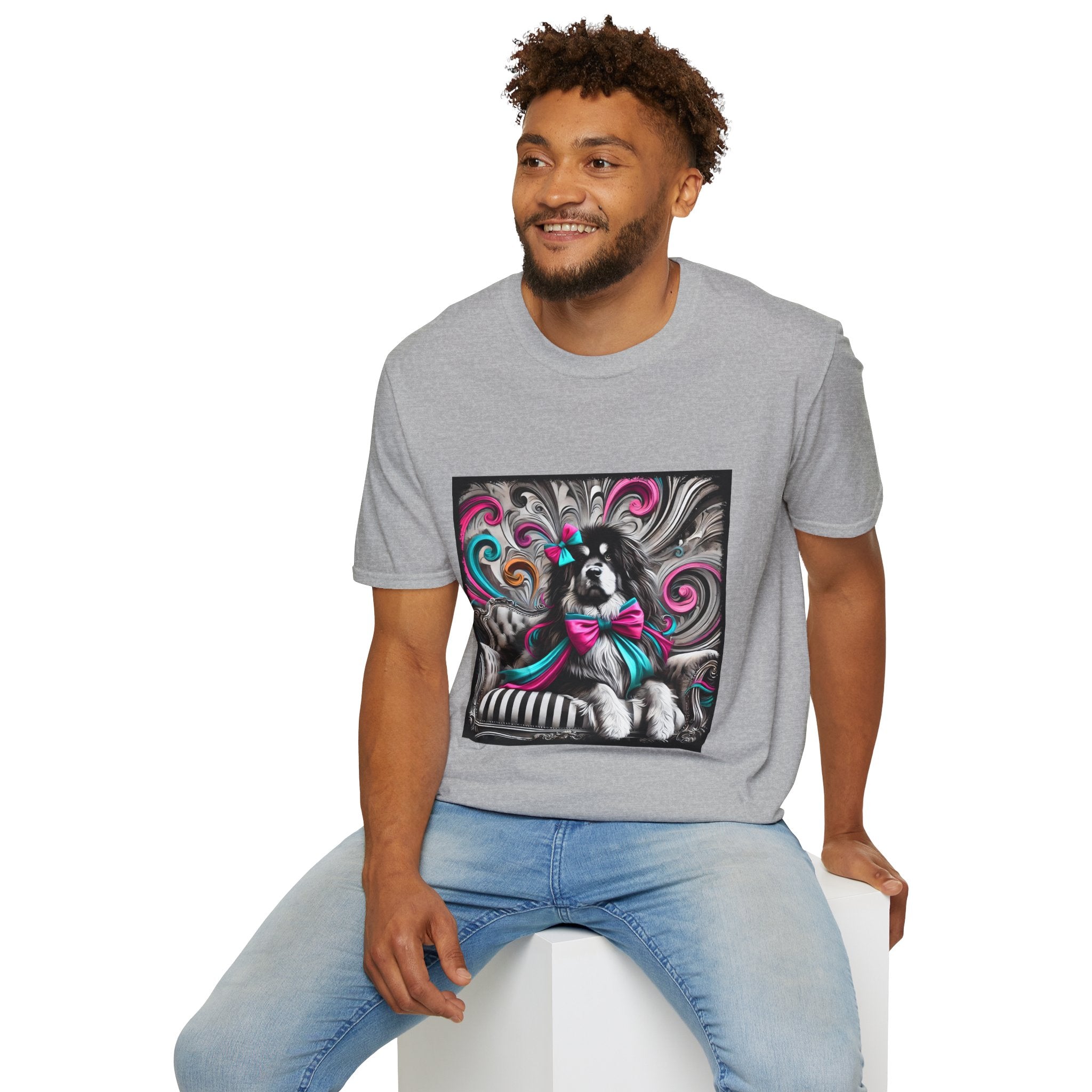 Tibetan Mastiff B&W Pink and Teal Bow | Unisex Dog T-Shirt