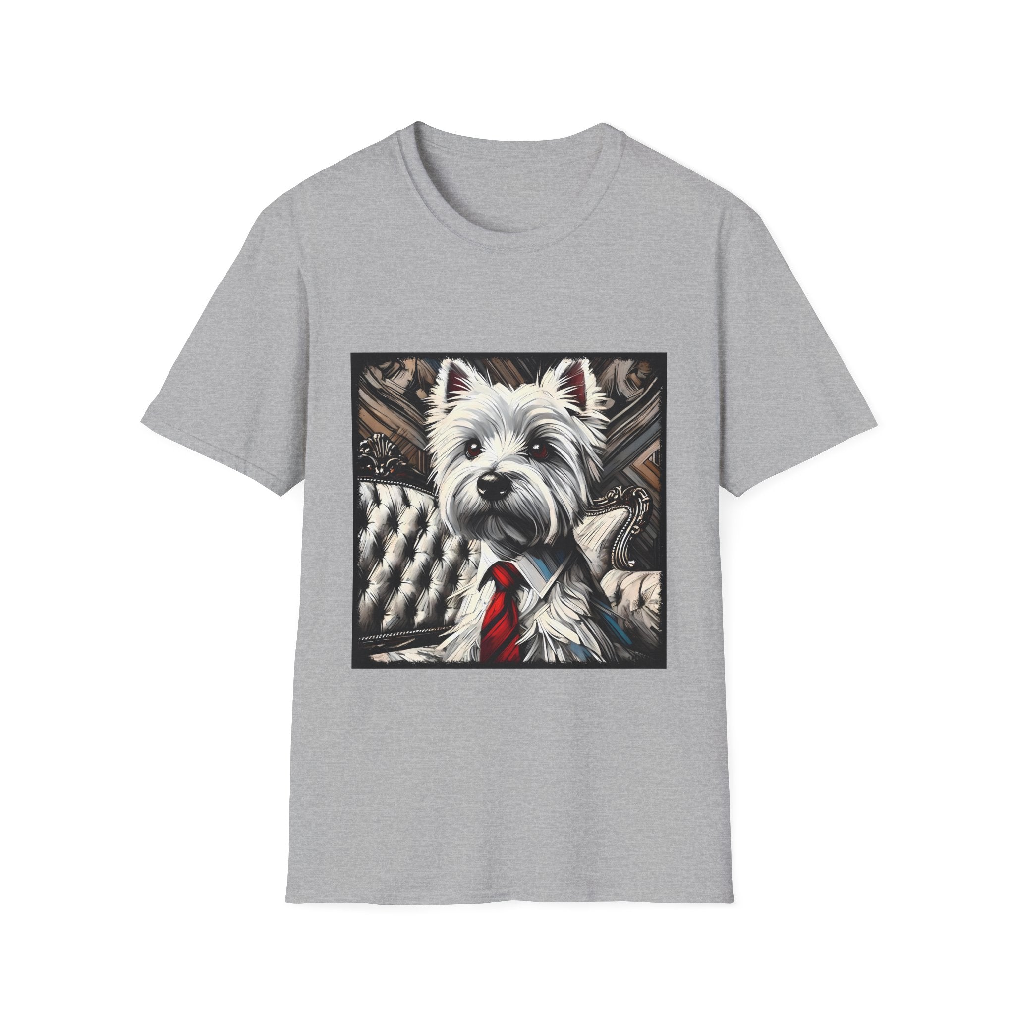 Sport gray dog t-shirt featuring a Westie in a red tie seated on a tufted chair in a wood-accent room.