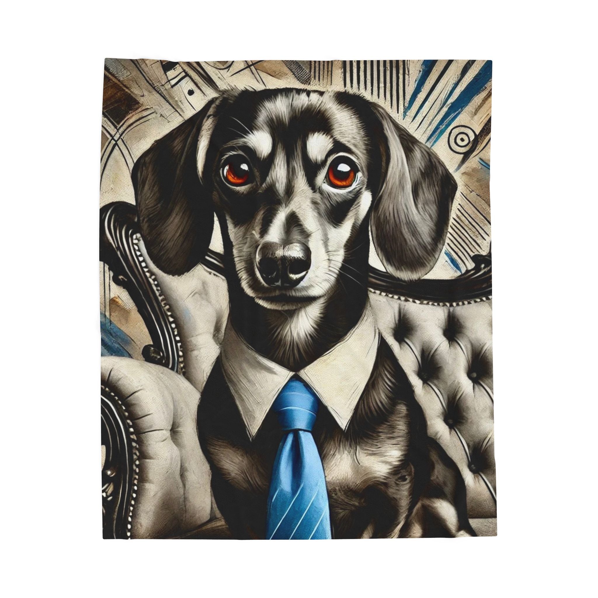 A square blanket featuring a stylized portrait of a black-and-white dachshund wearing a blue tie and cream dress shirt, seated in a tufted armchair against an ornate illustrated background.