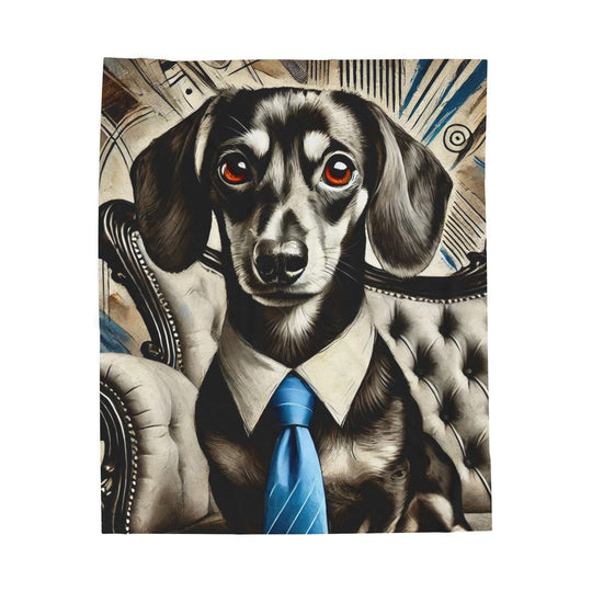 A square blanket featuring a stylized portrait of a black-and-white dachshund wearing a blue tie and cream dress shirt, seated in a tufted armchair against an ornate illustrated background.