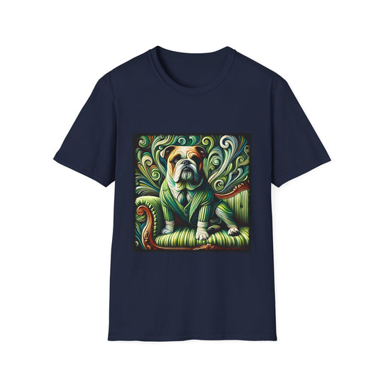 Bulldog Green Swirl design dog lover unisex t-shirt in navy