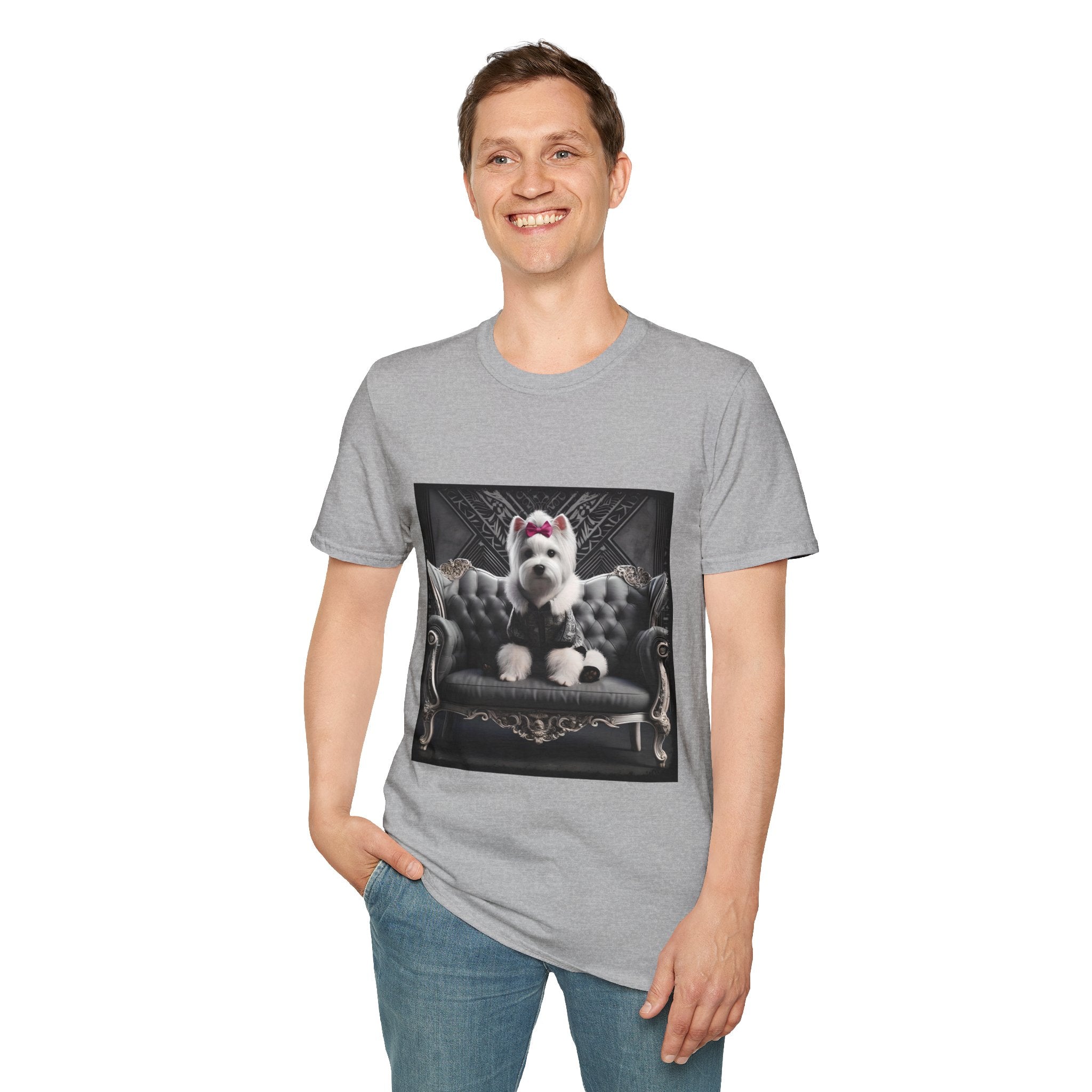 Male model in sport gray dog t-shirt featuring Westie in black outfit with pink bow seated on ornate gothic black couch.