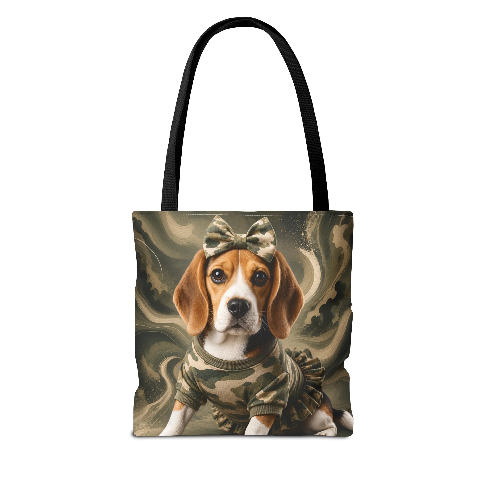 A tote bag with black handles featuring a printed design of a beagle dog in a camouflage outfit with a matching bow, set against a swirling camouflage background.