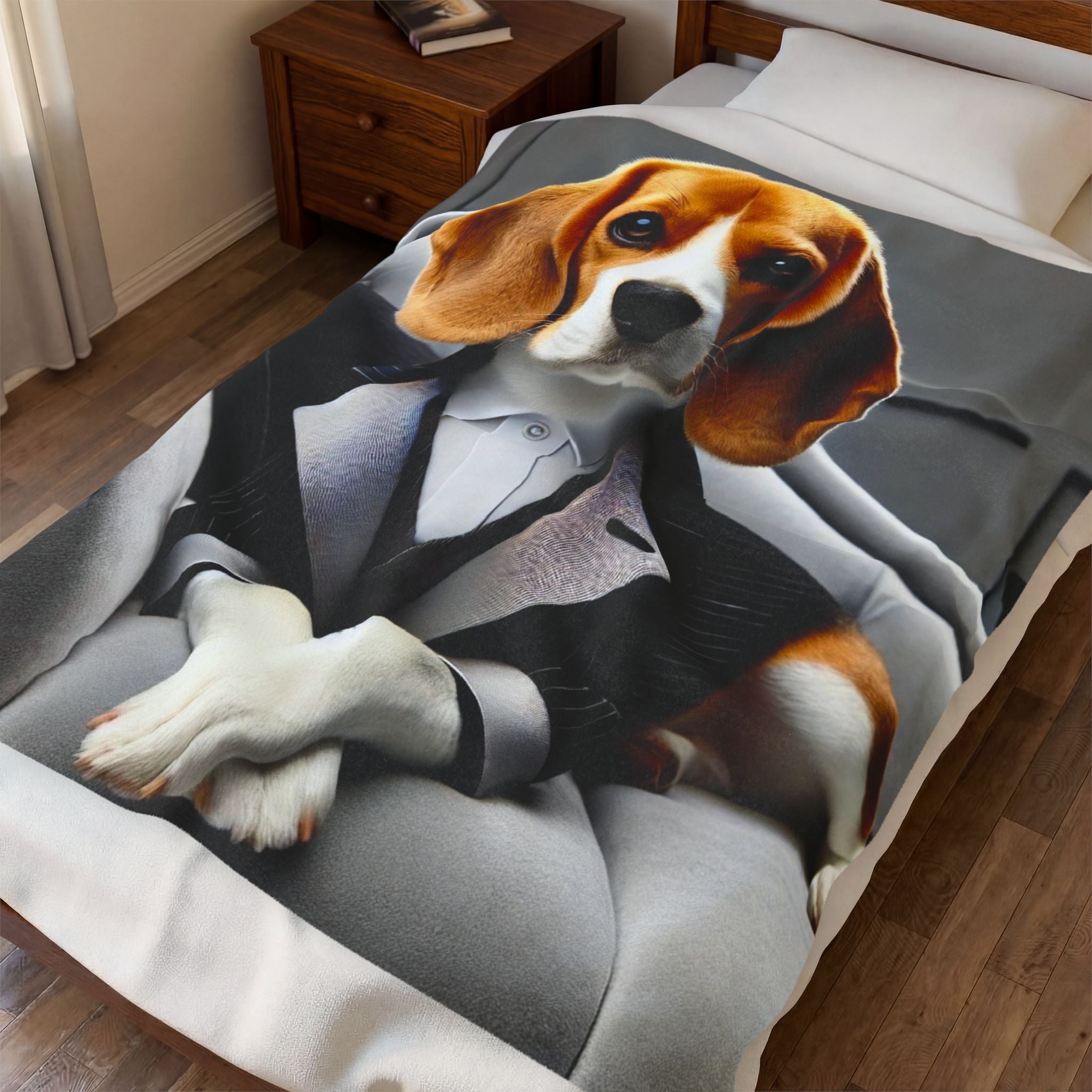 A blanket spread across a bed in a bedroom. The print features a realistic portrait of a beagle dog dressed in a black tuxedo jacket and white shirt, sitting on a gray tufted chair.