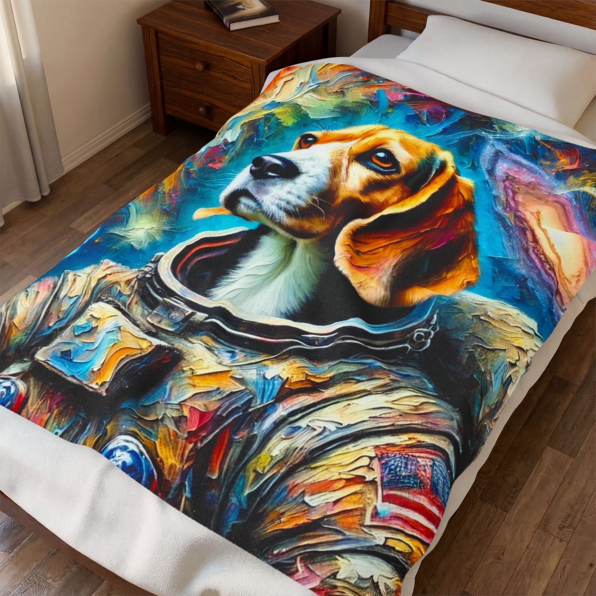 A colorful printed bedding set on a bed in a bedroom, featuring a stylized beagle dog in an astronaut suit with an American flag patch against a vivid cosmic background.